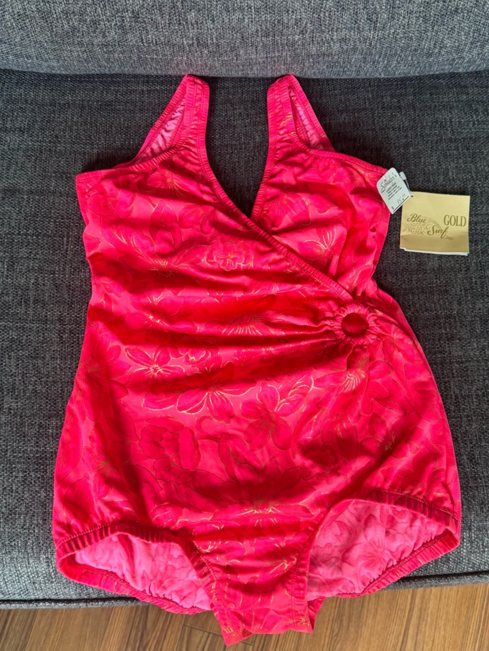 Women’s 80’s Bright Pink & Gold Floral One-Piece Swimsuit with Side Ring